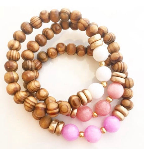 Pink Sands Stack - Set of three Jess bracelets with olive wood and spring jade / Bridesmaid Bracelet