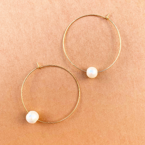 Gold Filled Floating Pearl “Darian” Hoop Earrings