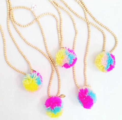 Sloan Necklace: Girls Tie-Die Rainbow Pom Pom Necklace