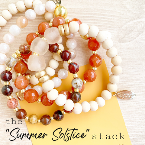 The “Summer Solstice” wood, gemstone, and crystal beaded bracelet stack