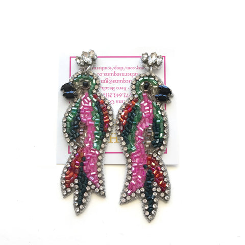 Crystal and Sequin Beaded Parrot Drop Earrings